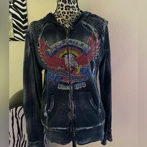 Y2K Affliction Grey and Red Graphic Zip-Up Jacket